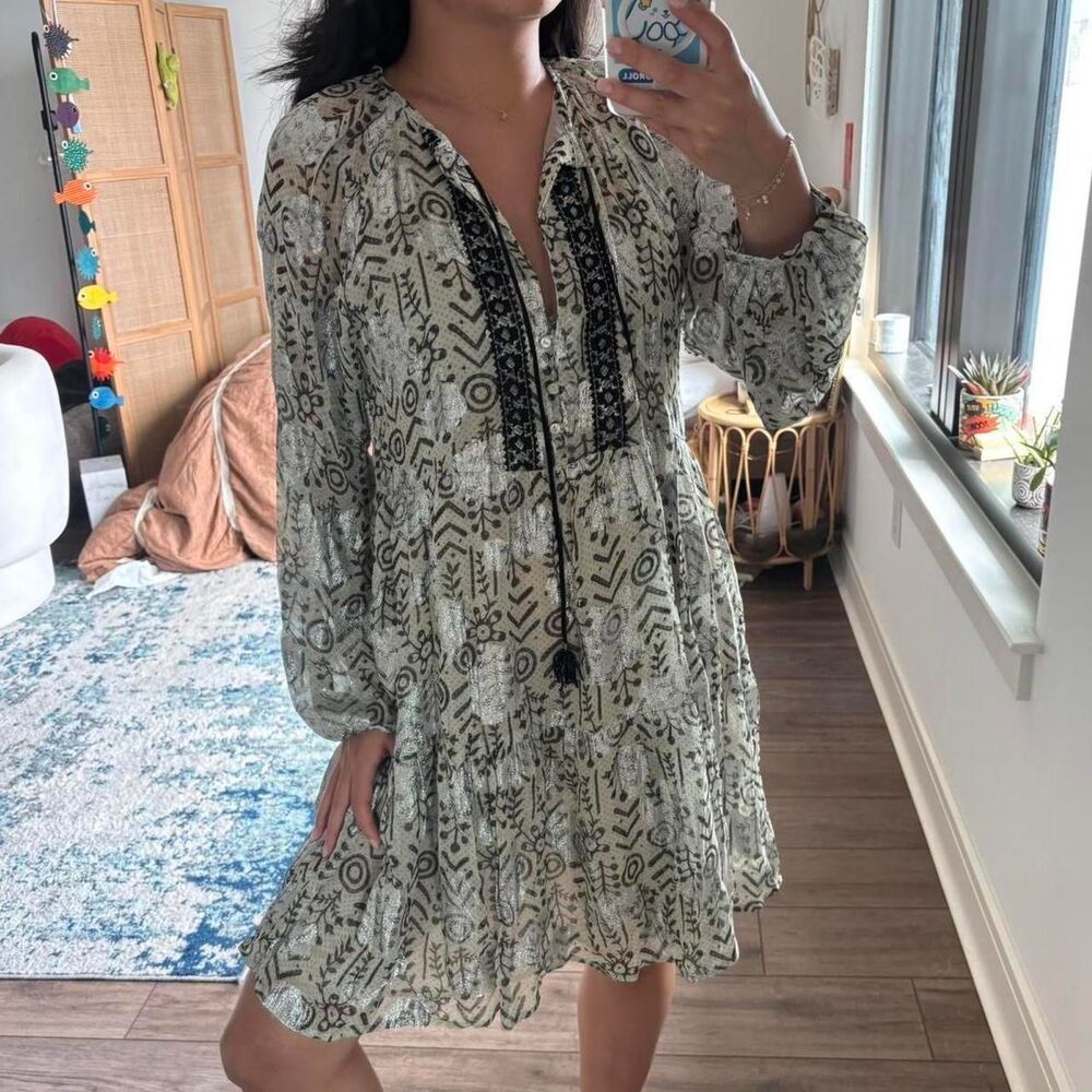 Zara Black and Cream Long Sleeve Printed Tiered Dress
